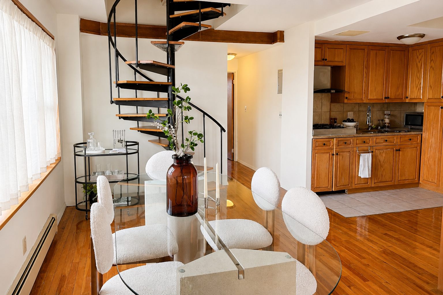 Spiral staircase, dining and kitchen